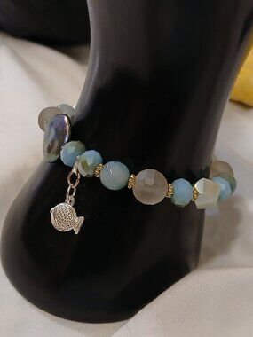 2/$20 🥰Mermaidcore Bead Pearl Bracelet Sterling Silver Fish Charm 7.5 Inches